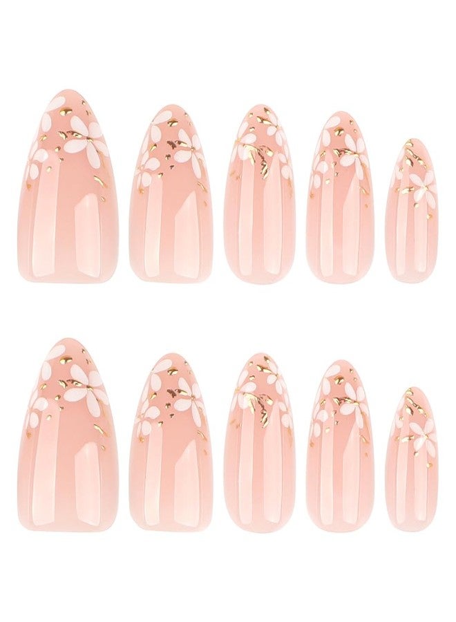 RikView Short Press on Nails Almond Fake Nails White & Pink Nails with Petal Design Glossy Full Cover Nails for Women 24 PCs/Set - Image 3
